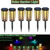 A group of solar garden lights are displayed against a white background, with a second image showing them illuminating a garden at night with colored light. Produktbild-Vorschau