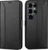 A black leather flip case for a smartphone is shown from two angles. Produktbild-Vorschau