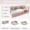 A pink velvet multifunctional daybed with pillows and a throw blanket, shown in various configurations and with feature callouts. Náhled obrázku produktu