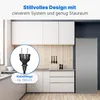A modern kitchen scene with a refrigerator, cabinets, and a close-up of an electrical plug. Produktbild-Vorschau