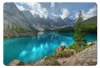A scenic view of a turquoise lake surrounded by mountains and pine trees. Produktbild-Vorschau