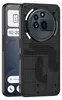 A black phone case with a textured, circuit-board-like design is shown on a black background. The phone itself is partially visible on the left side, displaying a screen with widgets. Produktbild-Vorschau