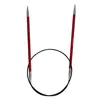 A pair of red circular knitting needles with a black cable, isolated on a white background. Produktbild-Vorschau