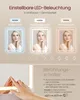 A marketing image showcasing the adjustable LED lighting of a mirror, with three different light color settings and a close-up of a touch switch. Produktbild-Vorschau