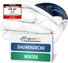 A folded white duvet is shown with marketing labels and information cards in front of it. Voir les images du produit