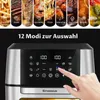 A close-up of an air fryer's digital display with a hand interacting with it, overlaid with marketing images of food. Produktbild-Vorschau
