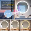 A collage of images showing a round LED bathroom mirror with different lighting options and features. Anteprima dell’immagine prodotto
