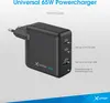 A 3D render of a black Xlayer 65W USB-C power charger with ports labeled. Náhľad obrázku produktu
