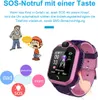 A smartwatch for children, with illustrations explaining its SOS function and contact options. Produktbild-Vorschau
