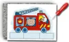 A cartoon illustration of a red fire truck with a firefighter driving it, presented on a white background with a textured gray border. Produktbild-Vorschau