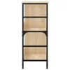 A product shot of a tall, narrow bookshelf with a light wood grain finish and black metal frame. Náhled obrázku produktu
