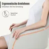 A person sitting in a chair, with text overlays highlighting ergonomic features. Produktbild-Vorschau