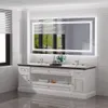 A modern bathroom vanity with a large illuminated mirror. Produktbild-Vorschau