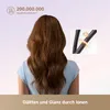 A person's back with long, brown, wavy hair is shown, with a close-up inset of hair strands and a glowing ring, and text overlays about negative ions and hair smoothing. Anteprima dell’immagine prodotto
