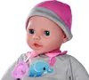 Close-up of a baby doll wearing a pink and gray hat and a gray outfit with a blue elephant design. Náhľad obrázku produktu