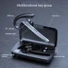 A close-up view of a black Bluetooth headset and its charging case, with labels pointing out various features. Produktbild-Vorschau