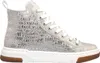 A single silver high-top sneaker with white laces and a white sole, set against a white background. The sneaker has a textured surface with various words and graphics printed on it. Voir les images du produit