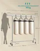 A silhouette of a person stands next to a metal garment rack with four punching bags hanging from it. Dimensions and weight capacity are indicated with text and lines. Produktbild-Vorschau