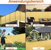 A collage of four images showing a yellow privacy screen used on a balcony, terrace, garden, and around a house. Produktbild-Vorschau