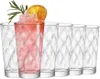 A set of six clear glasses with a diamond pattern, one of which is filled with a pink beverage, ice, a slice of orange, and a sprig of rosemary. Náhled obrázku produktu