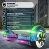A hoverboard with colorful LED lights is shown on a street with buildings in the background. Produktbild-Vorschau