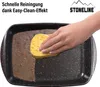 A hand is cleaning a baking tray with a sponge, showing the contrast between a dirty and a clean surface. Produktbild-Vorschau