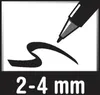 An illustration of a pen drawing a line, with text indicating the line width. Produktbild-Vorschau