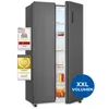 A side-by-side refrigerator with its doors open, displaying food items inside. Several award badges are attached to the left door. Produktbild-Vorschau