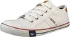 A white canvas sneaker with blue and red accents on the sole and a brown heel tab. Produktbild-Vorschau