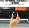 A close-up of a person's hand adjusting the temperature dial on a black appliance, with marketing text and a temperature control graphic overlayed. Podgląd zdjęcia produktu