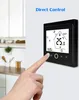 A hand is shown interacting with a smart thermostat mounted on a wall in a modern kitchen setting. Produktbild-Vorschau