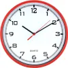A close-up studio shot of a red-framed analog wall clock against a white background. Voir les images du produit