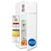 A white refrigerator with its door open, displaying food items inside. Several award badges are attached to the front of the refrigerator. Produktbild-Vorschau