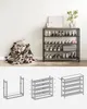 A pile of shoes next to a four-tier shoe rack filled with shoes, with diagrams of shoe rack assembly below. Náhled obrázku produktu