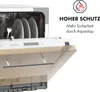 A close-up view of an open dishwasher with plates inside, and marketing text and a symbol on the right side. Produktbild-Vorschau