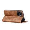A brown flip cover case for a smartphone is shown from the side, propped open. Produktbild-Vorschau