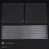 A flat lay of disassembled acrylic display stand components, including two square panels, multiple clear tubes, screws, and a screwdriver, arranged on a black background. Voir les images du produit