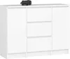 A white dresser with three drawers and two doors, with a black camera on top. Podgląd zdjęcia produktu