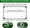 Diagram and close-up images illustrating features of a waterproof transparent tarpaulin. Voir les images du produit