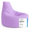 A purple beanbag chair with a label attached. Produktbild-Vorschau