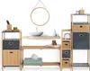 A collection of bamboo bathroom storage units and accessories, including shelves, drawers, a sink, and a mirror, against a white background. Anteprima dell’immagine prodotto