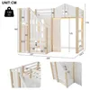 Diagram showing the dimensions of a bunk bed with stairs and a castle-like top section. Voir les images du produit