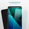 A smartphone screen protector is shown next to a phone and a phone case. Produktbild-Vorschau