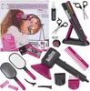 A collection of toy hair salon accessories, including a hairdryer, straightener, brushes, rollers, clips, and pretend cosmetics, arranged around a product box. Anteprima dell’immagine prodotto