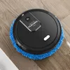 A black robot vacuum cleaner with a blue mop attachment is shown on a wooden floor. Náhled obrázku produktu