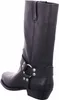 A black leather boot with a harness strap and buckle. Voir les images du produit