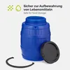 A blue plastic barrel with a black lid and a black securing ring next to it, set against a light gray background. Text indicating food safety is present in the upper left corner. Produktbild-Vorschau
