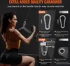 A woman is using a cable machine with a V-bar attachment. The image also includes comparison graphics of carabiners and their thickness. Podgląd zdjęcia produktu
