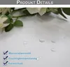 Close-up of a white fabric with water droplets, featuring roses and text indicating product features. Produktbild-Vorschau