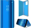 A collage of images showing a blue flip case for a smartphone, including a closed view, an open view, and a view of the phone inside the case. Produktbild-Vorschau